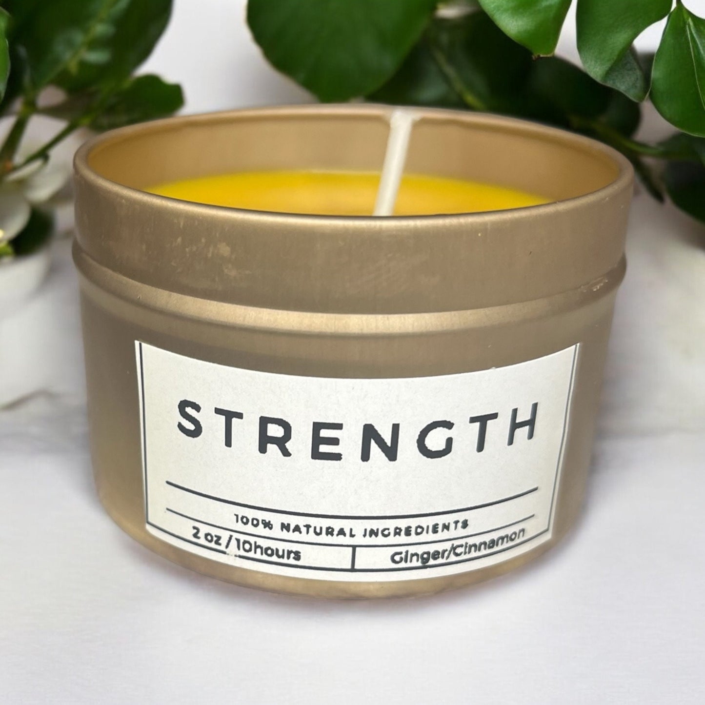 Strengthen 4oz Tin Candle Cinnamon/Ginger Essential Oil Scented Handcrafted - JoyfulBliss Co.