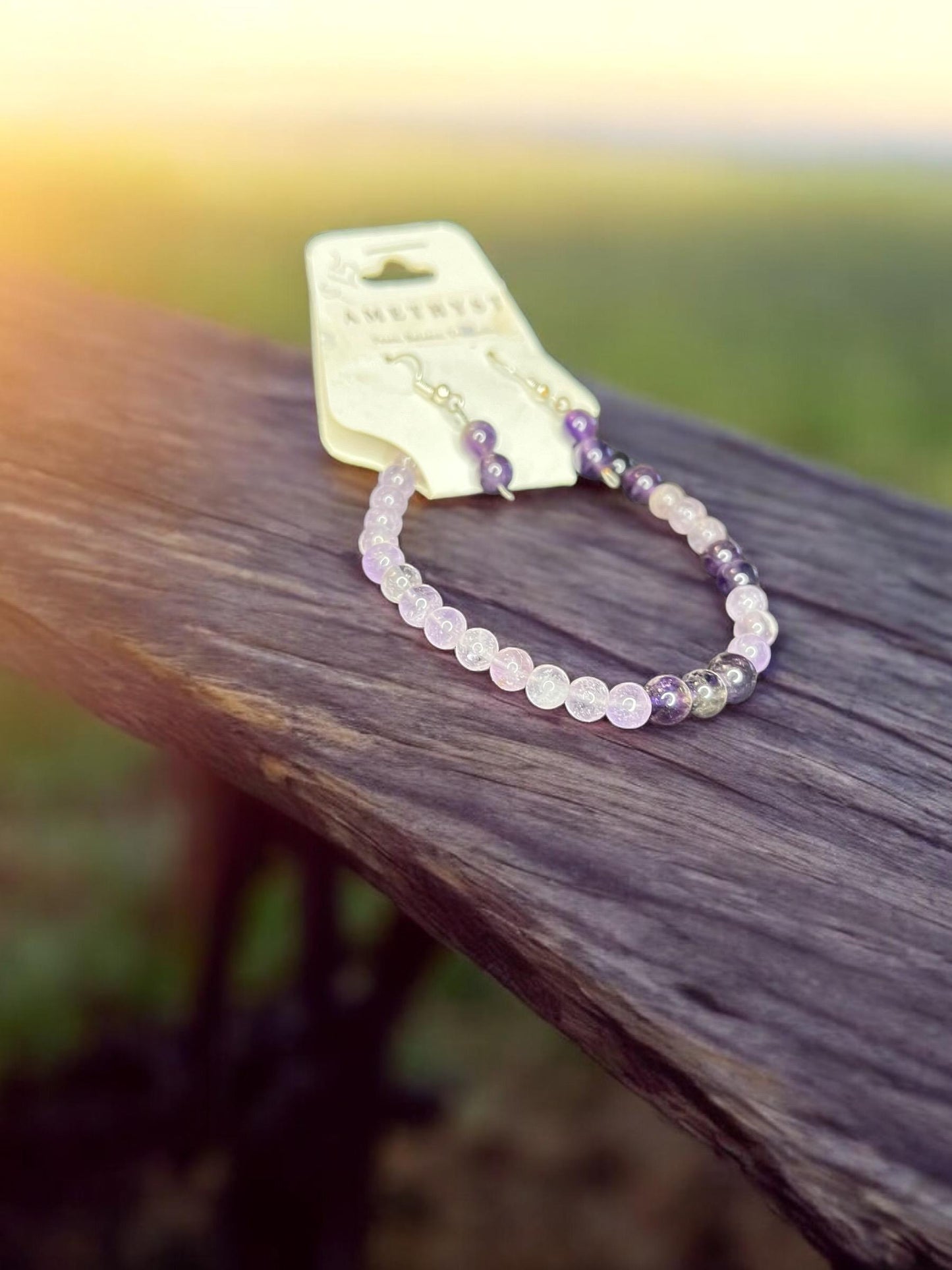 Amethyst Natural Gemstone Beaded 6mm Earrings & 6mm Stretch Bracelet Set - JoyfulBliss Co.