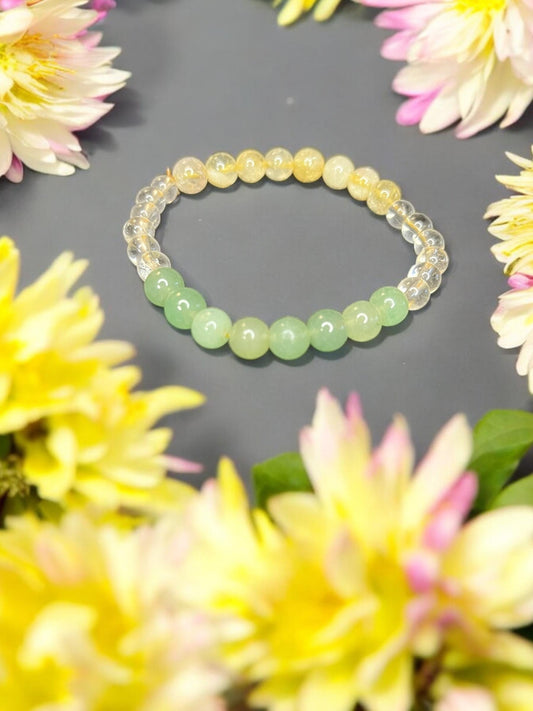 Prosperity + Abundance 6mm Green Aventurine, Citrine, & Quartz Beaded Stretch Gemstone Bracelet Unisex - JoyfulBliss Co.