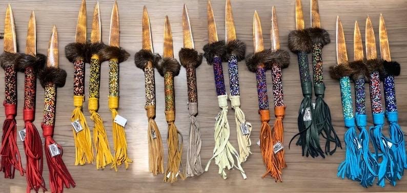 Native American Handmade By Creek Artist La Ne Ayo Buffalo Bone Beaded, Leather Wrapped Knife 13in. - JoyfulBliss Co.