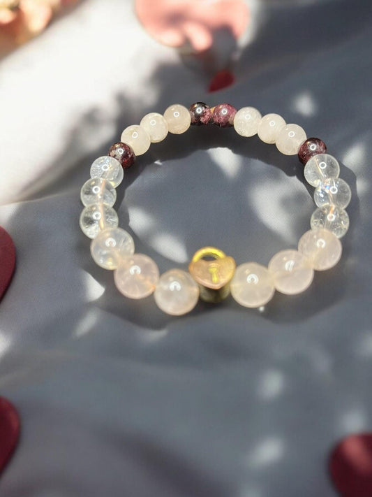 Love Attraction 8mm Natural Rose Quartz, Clear Quartz, Garnet, & Locket Charms Beaded Gemstone Bracelet - JoyfulBliss Co.