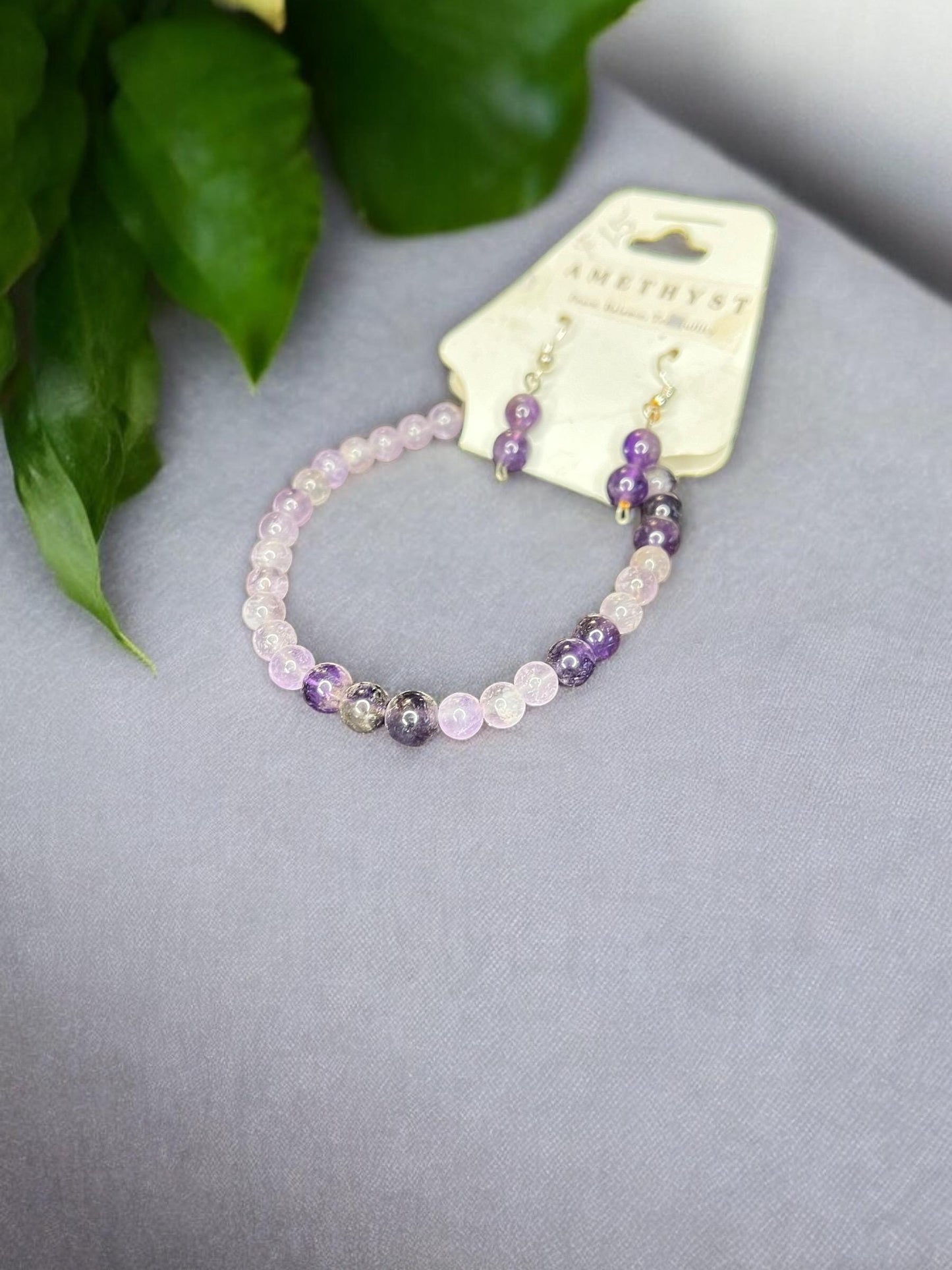 Amethyst Natural Gemstone Beaded 6mm Earrings & 6mm Stretch Bracelet Set - JoyfulBliss Co.