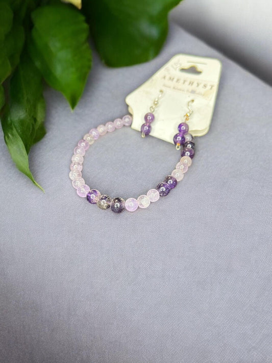 Amethyst Natural Gemstone Beaded 6mm Earrings & 6mm Stretch Bracelet Set - JoyfulBliss Co.