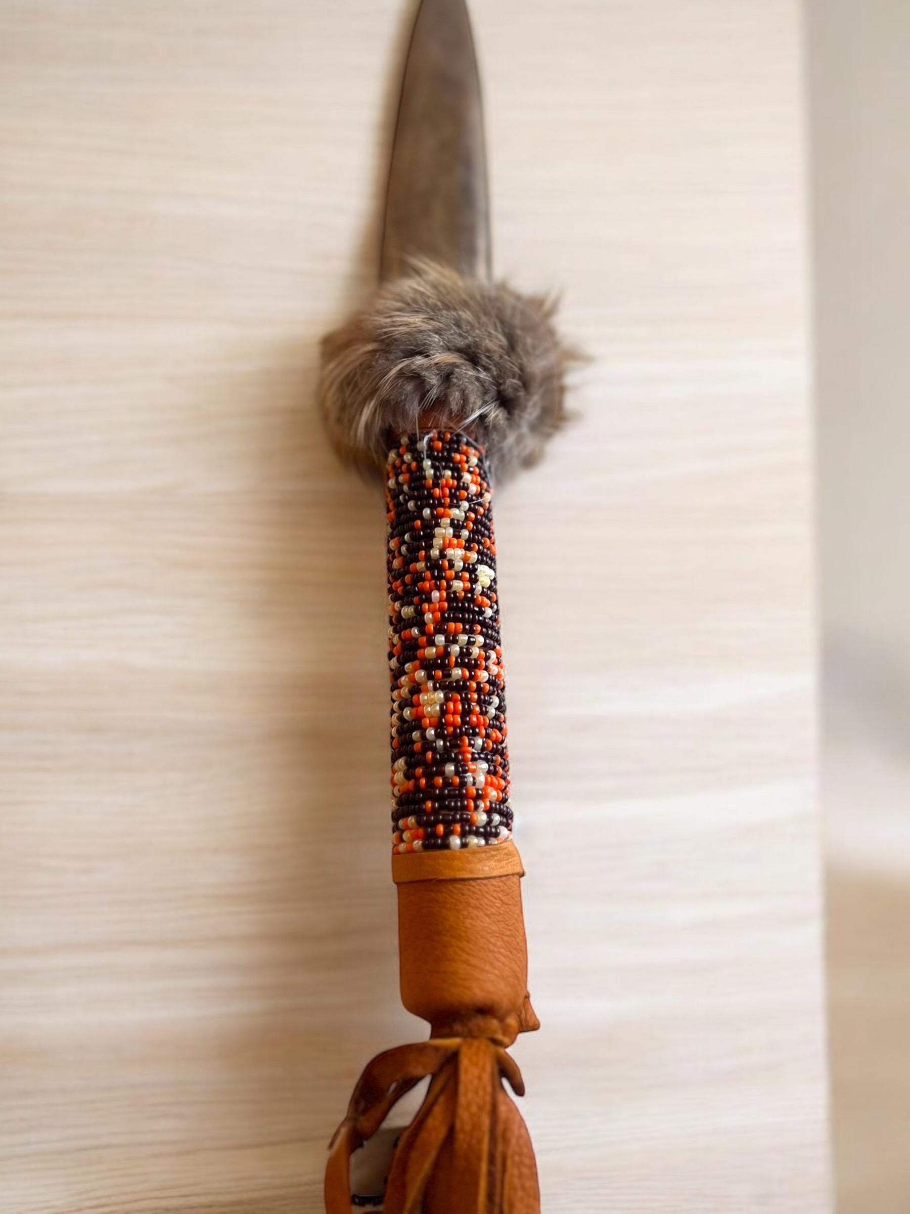 Native American Handmade By Creek Artist La Ne Ayo Buffalo Bone Beaded, Leather Wrapped Knife 13in. - JoyfulBliss Co.