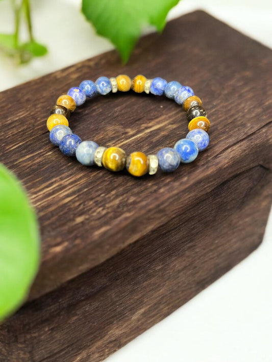 Courage + Wisdom 8mm Natural Lapis Lazuli, & Tigers Eye Beaded Stretch Gemstone Bracelet Unisex - JoyfulBliss Co.