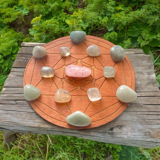 Wooden Engraved Crystal Grid Set For Love, Self Love, & Happiness 6in - JoyfulBliss Co.