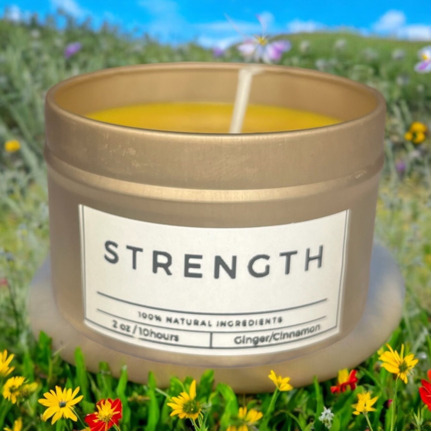 Strengthen 4oz Tin Candle Cinnamon/Ginger Essential Oil Scented Handcrafted - JoyfulBliss Co.