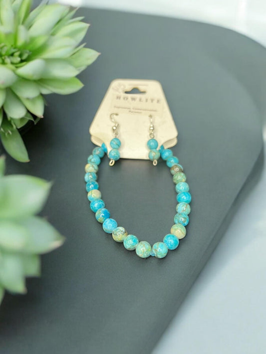 Blue Howlite Natural Gemstone Beaded 6mm Earrings & 6mm Stretch Bracelet Set - JoyfulBliss Co.