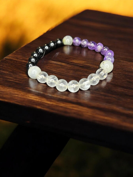 Intuitive Magic Natural Labradorite, Amethyst, Oxyx, Quartz 8mm Beaded Stretch Gemstone Bracelet Unisex - JoyfulBliss Co.