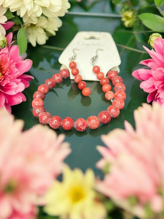 Red Agate Natural Gemstone Beaded 6mm Earrings & 8mm Stretch Bracelet Set - JoyfulBliss Co.