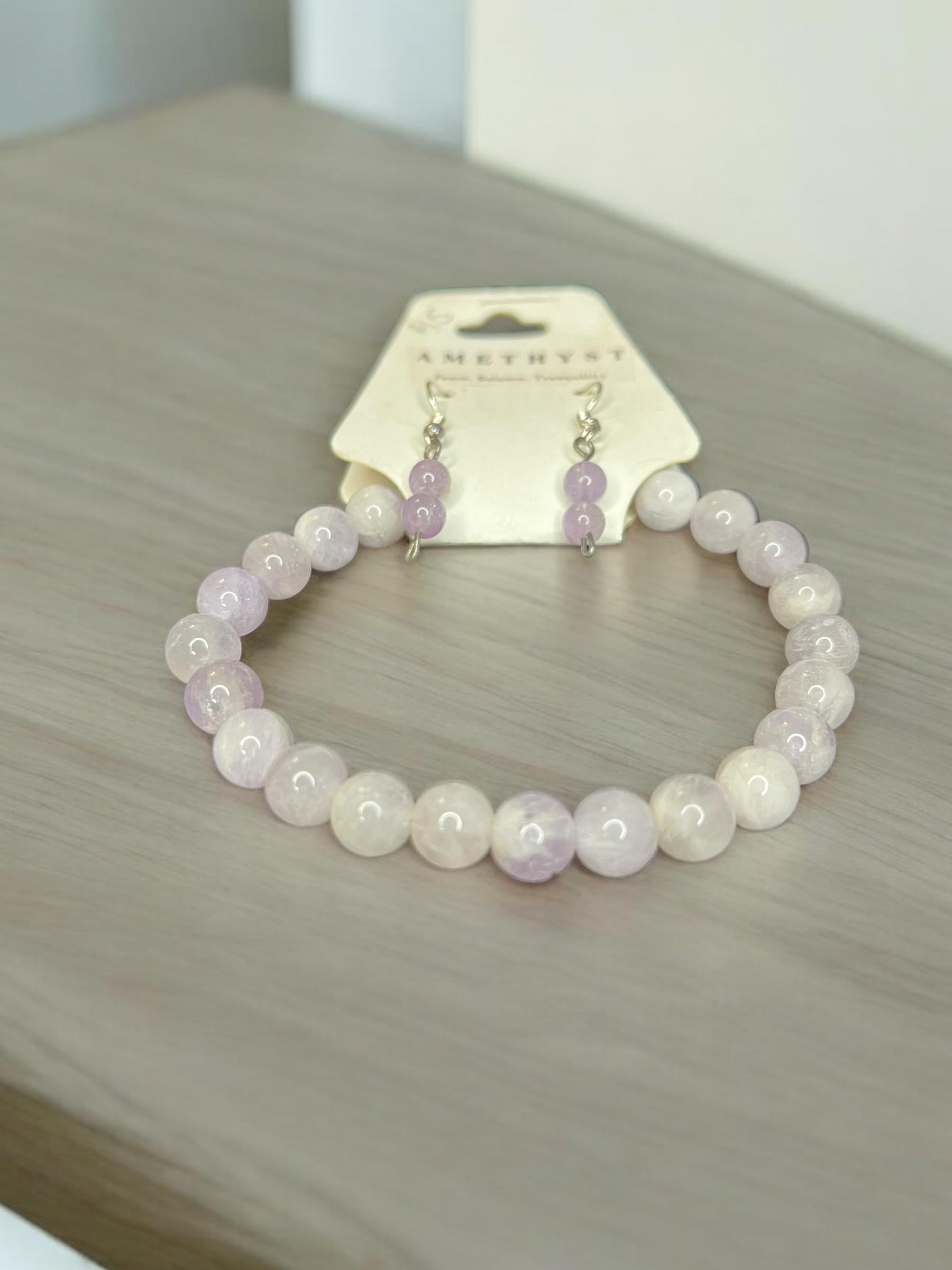 Light Amethyst Natural Gemstone Beaded 6mm Earrings & 6mm Stretch Bracelet Set - JoyfulBliss Co.