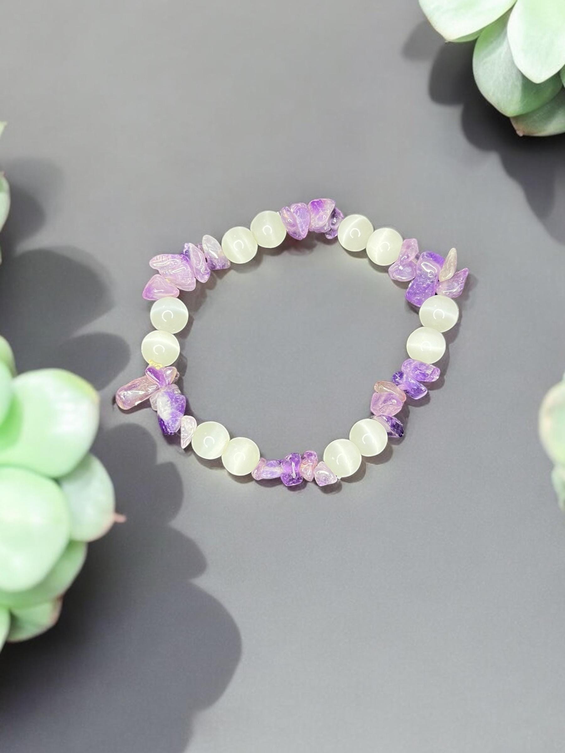 Spiritual Protection Natural Selenite, Amethyst Chips 8mm Beaded Stretch Gemstone Bracelet Unisex - JoyfulBliss Co.