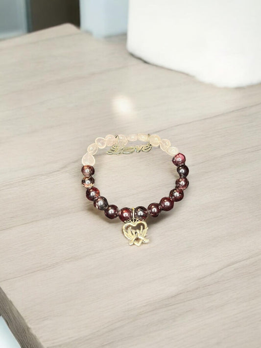 Love Energy 8mm Natural Rose Quartz, Garnet, & Love Charm Beaded Stretch Gemstone Bracelet Unisex - JoyfulBliss Co.