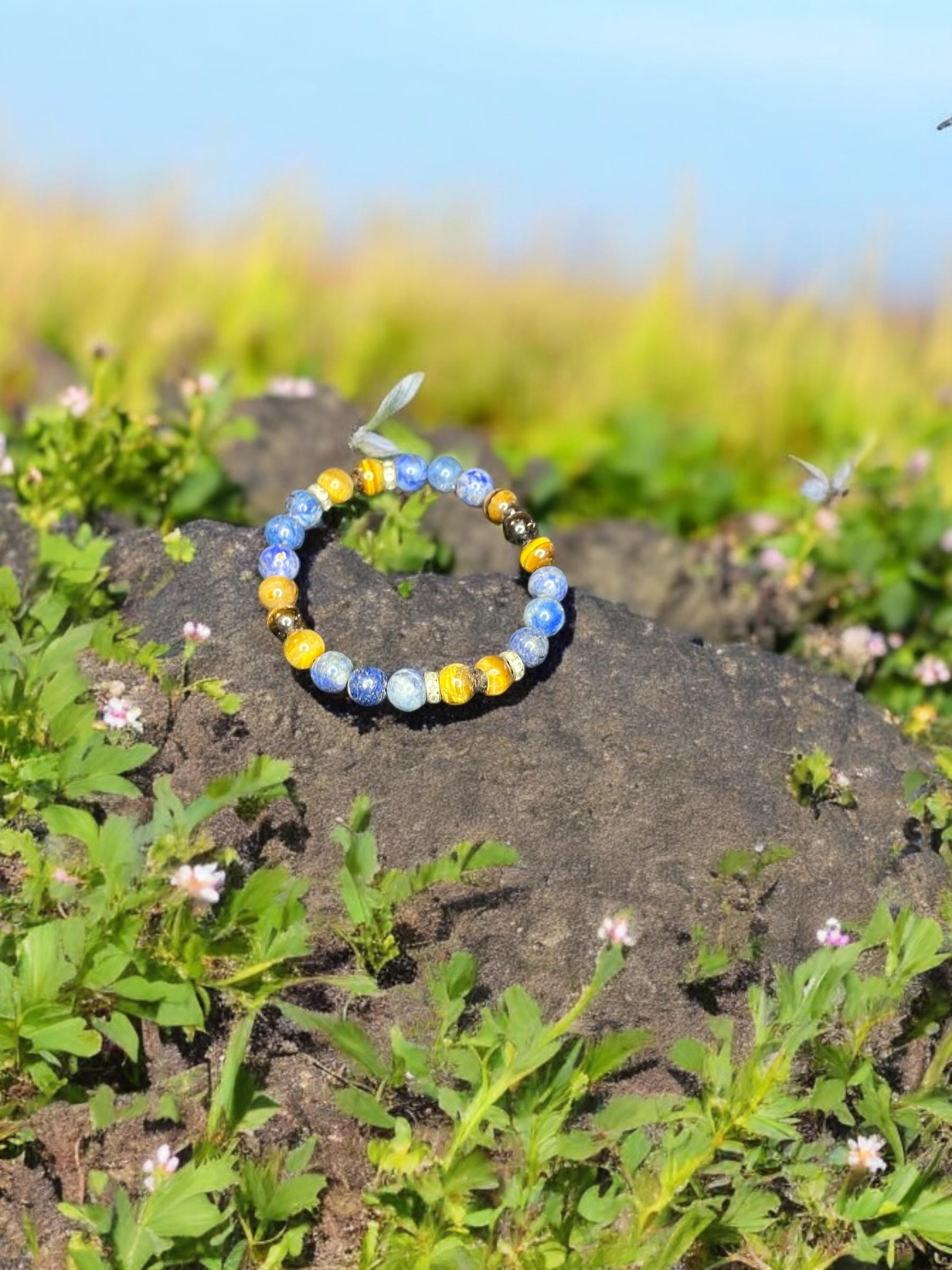 Courage + Wisdom 8mm Natural Lapis Lazuli, & Tigers Eye Beaded Stretch Gemstone Bracelet Unisex - JoyfulBliss Co.