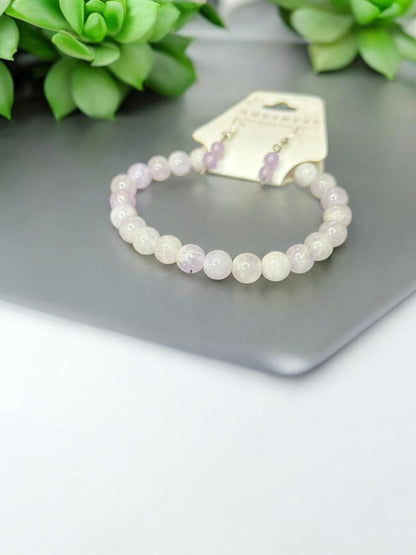 Light Amethyst Natural Gemstone Beaded 6mm Earrings & 6mm Stretch Bracelet Set - JoyfulBliss Co.