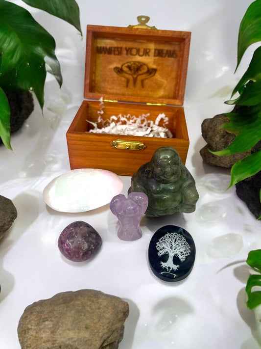 Protection & Stress Relief Natural Gemstone Crystal Engraved Box Set 3in - JoyfulBliss Co.