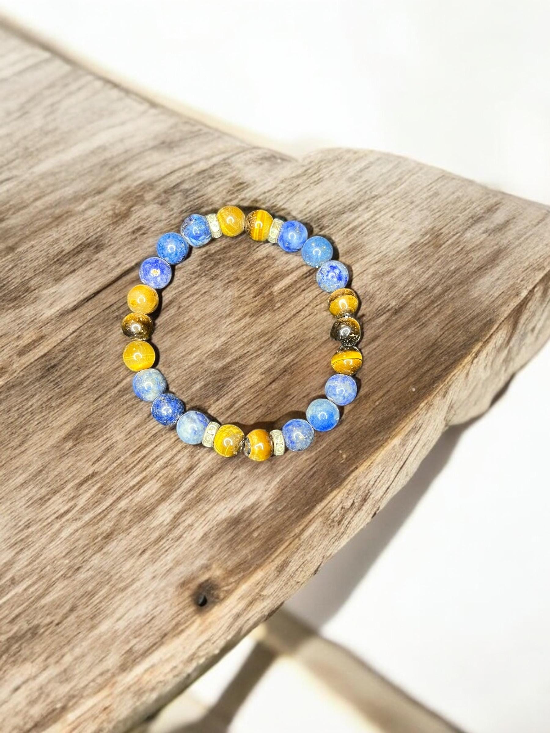 Courage + Wisdom 8mm Natural Lapis Lazuli, & Tigers Eye Beaded Stretch Gemstone Bracelet Unisex - JoyfulBliss Co.