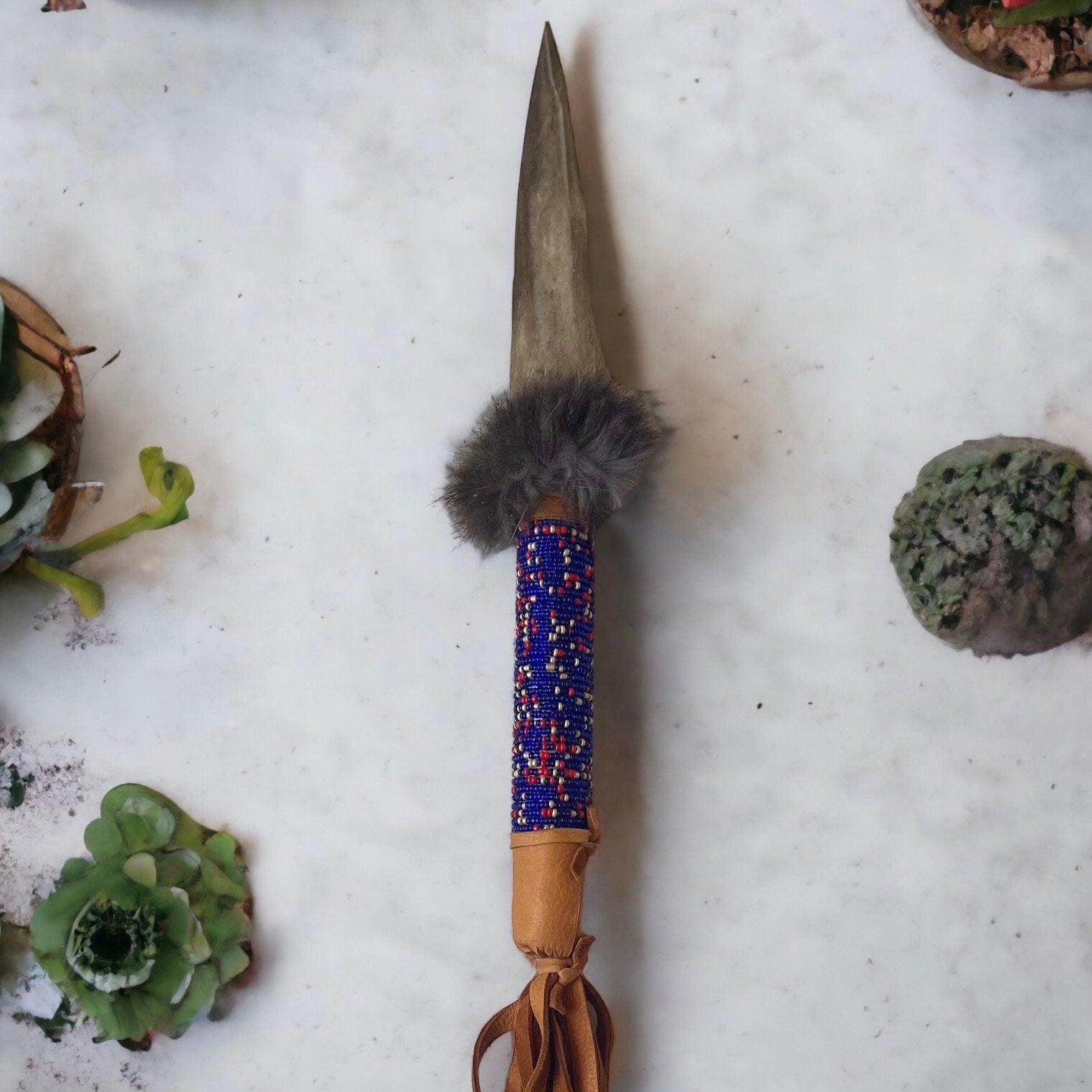 Native American Handmade By Creek Artist La Ne Ayo Buffalo Bone Beaded, Leather Wrapped Knife 13in. - JoyfulBliss Co.