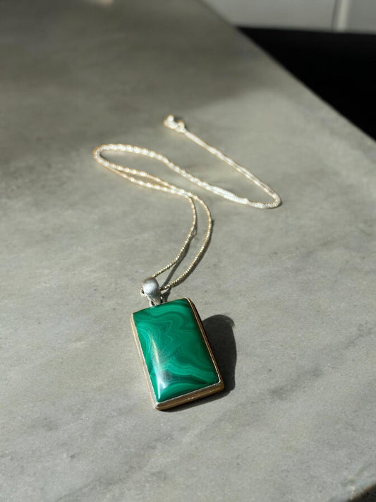 Natural Malachite Gemstone Sterling Silver Necklace Pendant + Chain - JoyfulBliss Co.