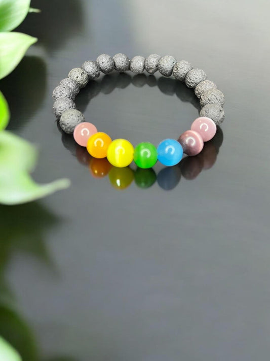 Chakra Opener Natural Lava Stone, & Glass Catseye 8mm Beaded Stretch Gemstone Bracelet Unisex - JoyfulBliss Co.