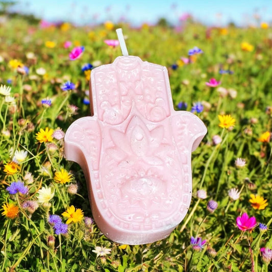 Customizable Hamsa Hand Symbol 4oz Soy Wax Candle, Choice of Color & Scents - JoyfulBliss Co.