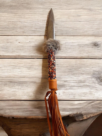 Native American Handmade By Creek Artist La Ne Ayo Buffalo Bone Beaded, Leather Wrapped Knife 13in. - JoyfulBliss Co.