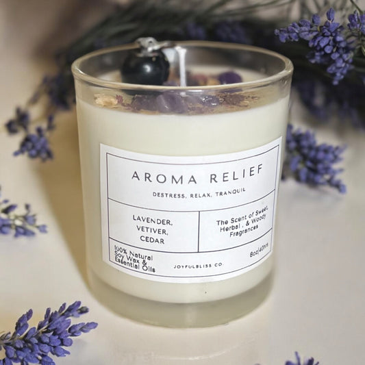 Aroma Relief 10oz Handcrafted Soy Wax Candle Lavender, Vetiver, Cedar Essential Oil Scented - JoyfulBliss Co.