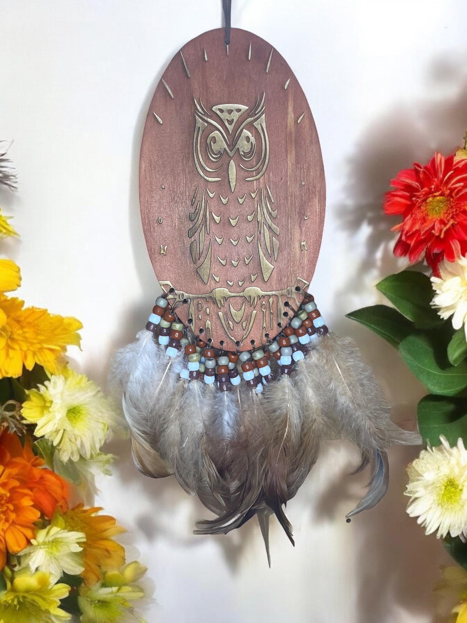 Wood Engraved Owl Wall Decor With Feathers & Beads 12 x 5 - JoyfulBliss Co.