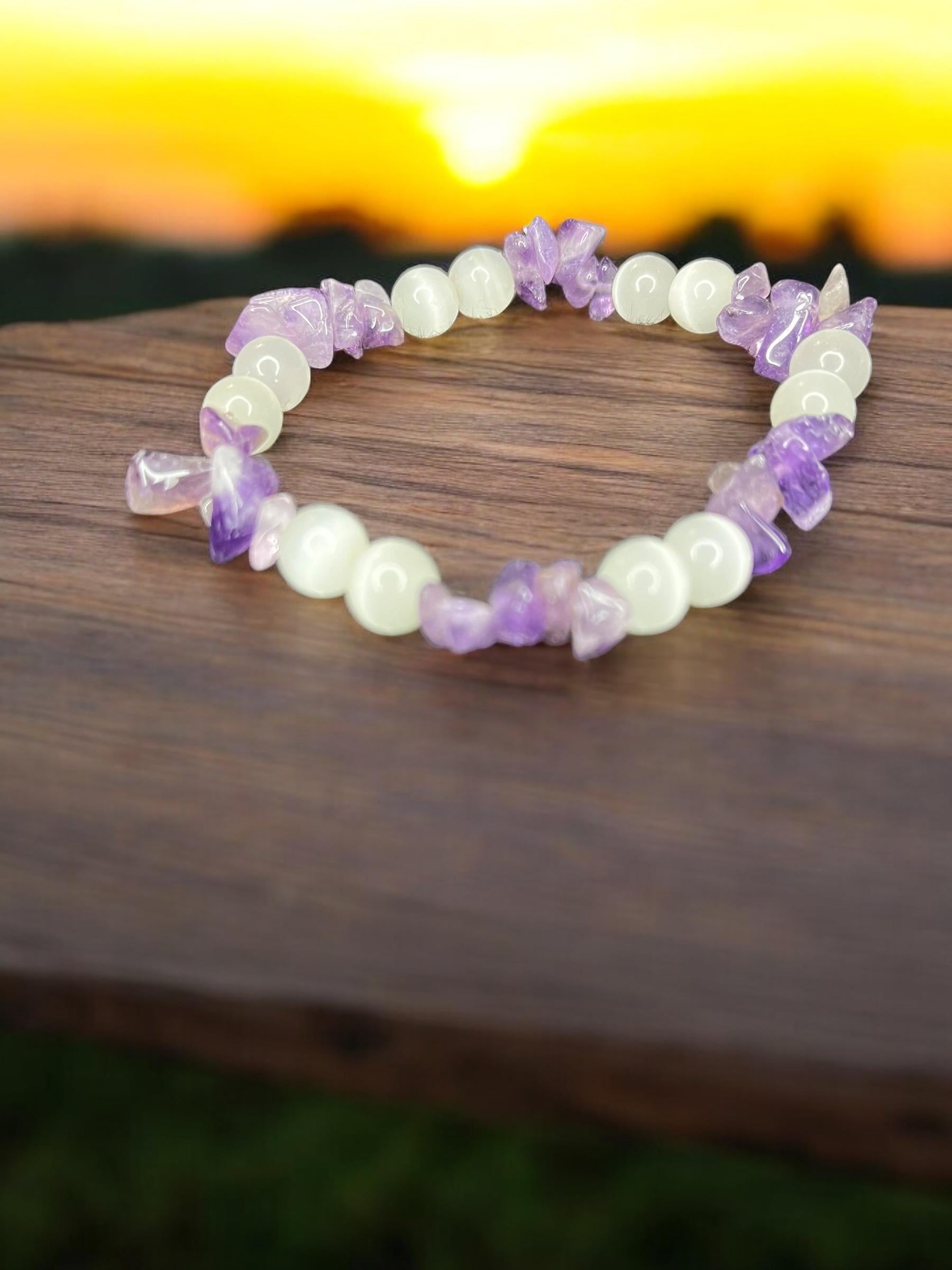 Spiritual Protection Natural Selenite, Amethyst Chips 8mm Beaded Stretch Gemstone Bracelet Unisex - JoyfulBliss Co.