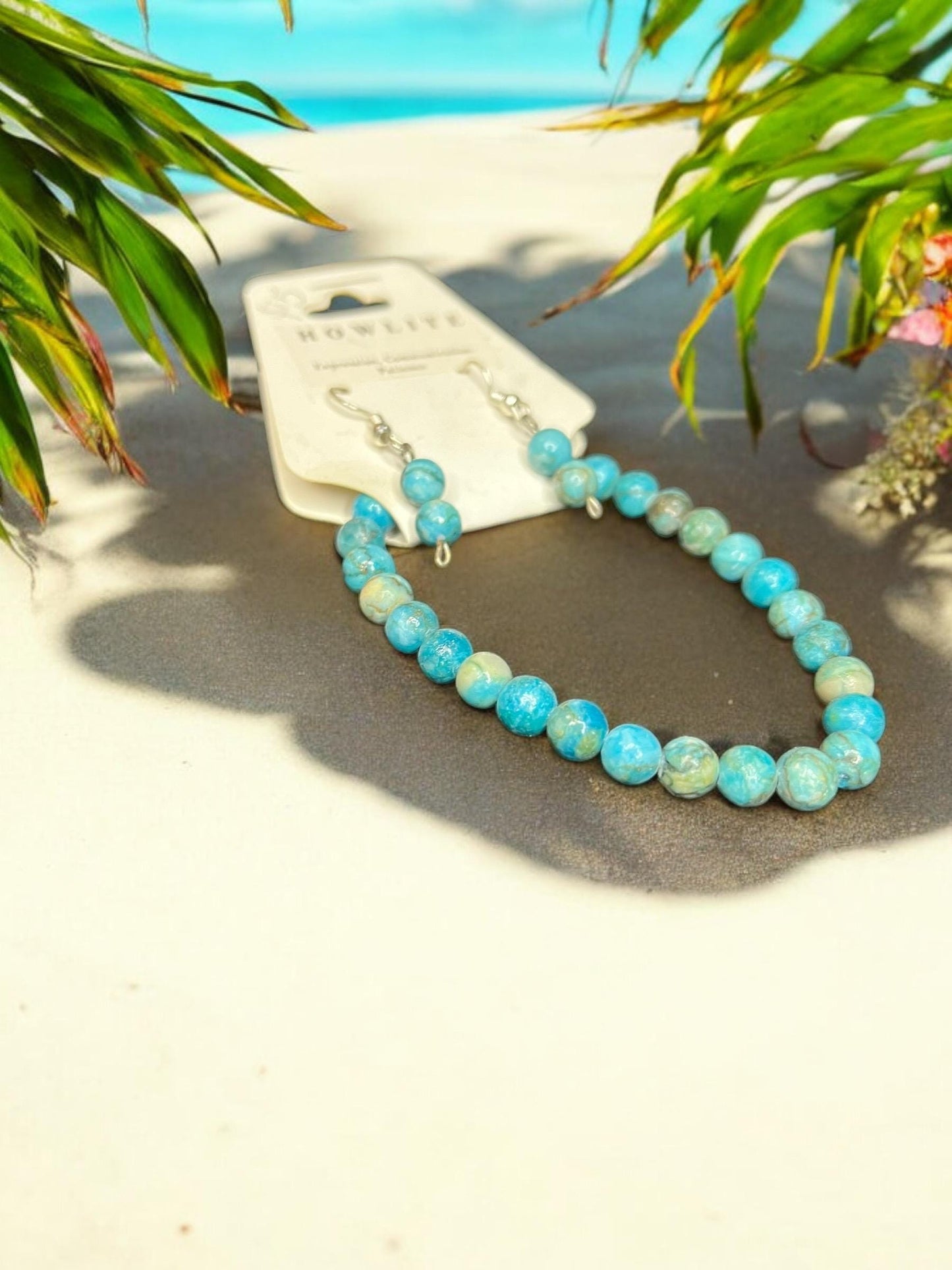 Blue Howlite Natural Gemstone Beaded 6mm Earrings & 6mm Stretch Bracelet Set - JoyfulBliss Co.