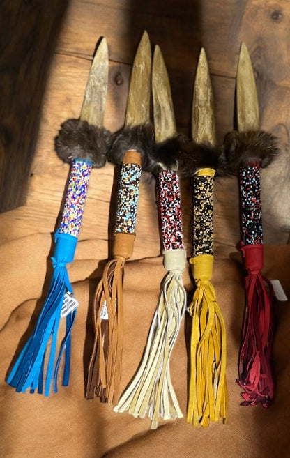 Native American Handmade By Creek Artist La Ne Ayo Buffalo Bone Beaded, Leather Wrapped Knife 13in.